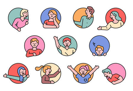 People doing various actions in a circular frame. flat design style minimal vector illustration.のイラスト素材