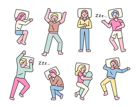 Various postures of people who sleep. flat design style minimal vector illustration.のイラスト素材