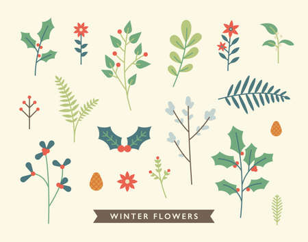 Christmas card ornament leaves pattern collection. flat design style minimal vector illustration.のイラスト素材