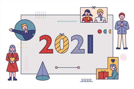 2021 New Year poster. People are saying hello online. flat design style minimal vector illustration.のイラスト素材