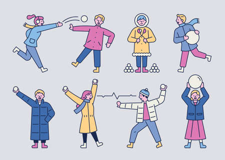 Children are playing by making balls out of snow. flat design style minimal vector illustration.のイラスト素材