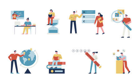Large class objects and students. flat design style minimal vector illustration.のイラスト素材