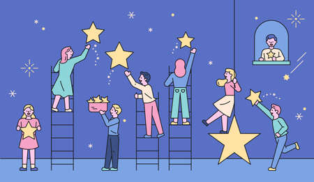 People who climb the ladder and pick the stars in the sky. flat design style minimal vector illustration.のイラスト素材