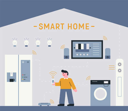 Home appliances with smart home service technology. flat design style minimal vector illustration.のイラスト素材