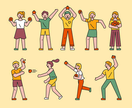 La tomatina. Spanish tomato festival people character collection. flat design style minimal vector illustration.のイラスト素材