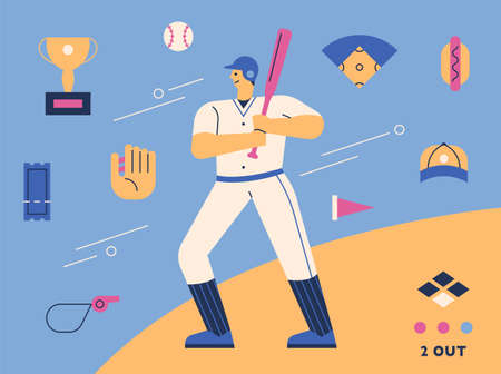 Baseball player character and baseball supplies icon set. flat design style minimal vector illustration.のイラスト素材