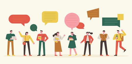 Students are standing in a line. They greet their friends and have a conversation. flat design style...