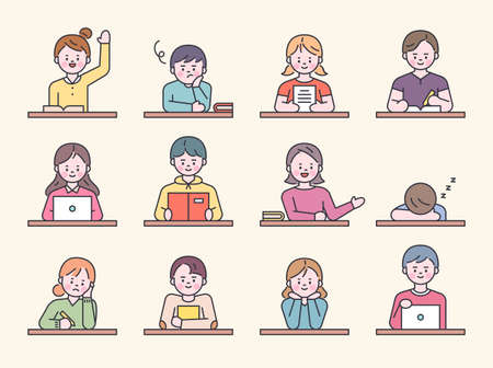 Students sitting at desks in school class. Each one is doing different things. flat design style minimal vector illustration.のイラスト素材