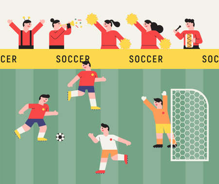 A scene from a soccer game. Soccer players are playing and fans are cheering. flat design style minimal vector illustration.のイラスト素材