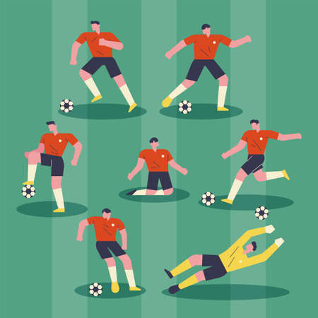 Football player character in various poses. flat design style minimal vector illustration.のイラスト素材