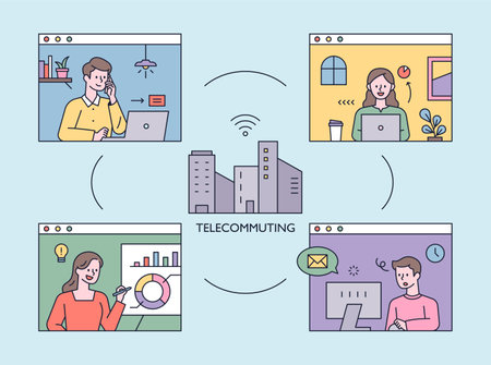 People working together on an internet network. Video meeting concept. flat design style minimal vector illustration.のイラスト素材