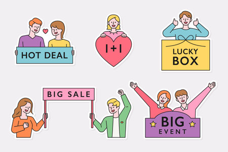Hot Deal, Lucky Box, Big Sale Event Label Sticker. A person character holding a board with a message written on it. flat design style minimal vector illustration.のイラスト素材