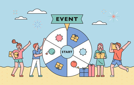 Summer event banner poster. Characters holding event spinning boards and gifts. flat design style minimal vector illustration.のイラスト素材
