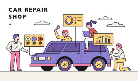 Car repair shop banner. Automotive experts are analyzing and repairing problems around the car. flat design style minimal vector illustration.のイラスト素材
