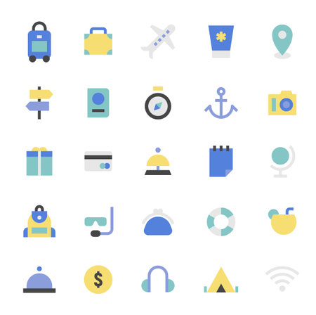 Travel icon collection. Items and symbols necessary for travel. flat design style minimal vector illustration.のイラスト素材