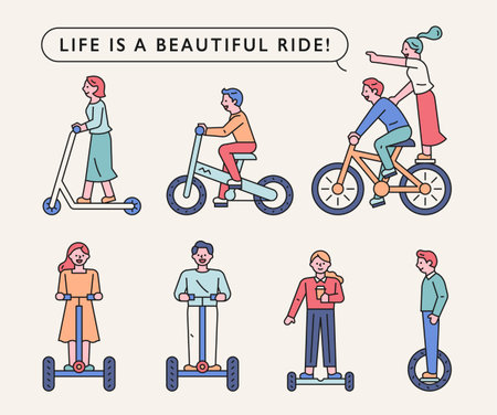 People are riding on various means of transportation. People riding bikes and scooter wheels. flat design style minimal vector illustration.のイラスト素材