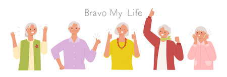 Collection of female senior characters. Her grandmothers are making a lively and positive gesture. flat design style minimal vector illustration.のイラスト素材