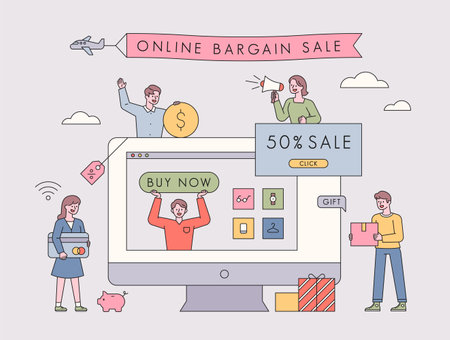 Online Sale Promotion Event. There is a sale icon on a large computer monitor and people are gathering around it. flat design style minimal vector illustration.のイラスト素材