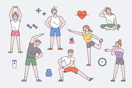 People character exercising. People are doing warm-up exercises in various movements. flat design style minimal vector illustration.のイラスト素材