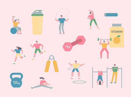 People are exercising. There are small and simple characters of people and exercise equipment. flat design style minimal vector illustration.のイラスト素材
