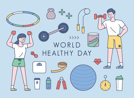 People exercising and fitness equipment icon set. flat design style minimal vector illustration.のイラスト素材