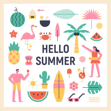 hello summer poster. Summer vacation icon set and characters.のイラスト素材
