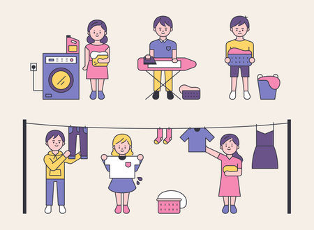 The processes of doing the laundry. Cute children are doing the laundry.のイラスト素材
