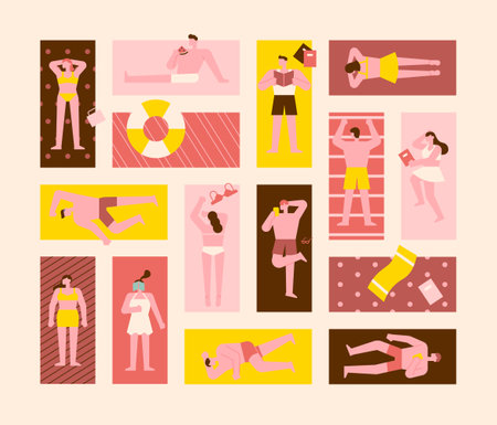 People tanning on the beach. Beach towels of various patterns are laid out like a puzzle and people are lying down.のイラスト素材