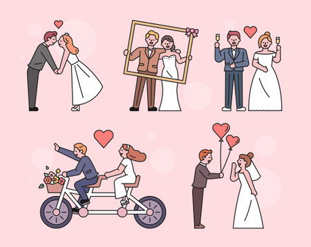 wedding photo couple. The bride and groom characters in wedding dresses are in various poses.のイラスト素材