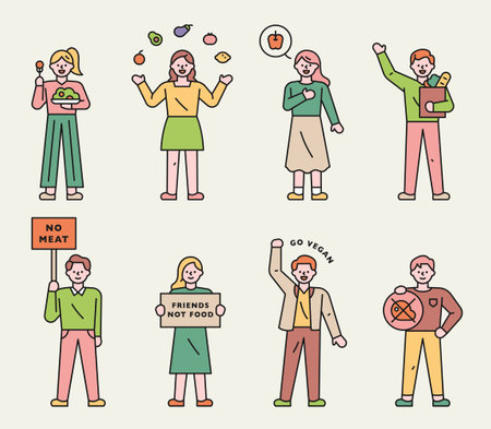 began lifestyle people. Collection of icons of people doing the vegan movement.のイラスト素材
