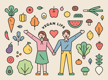 Vegan life icon set. A couple of men and women hold hands, and vegetables and fruit icons are organized around them.のイラスト素材