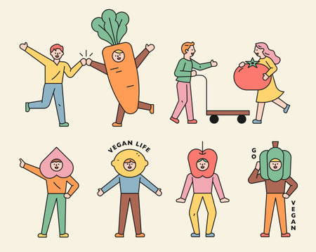 People characters wearing fruit masks. People are wearing mascot suits such as carrots, apples, and lemons.のイラスト素材