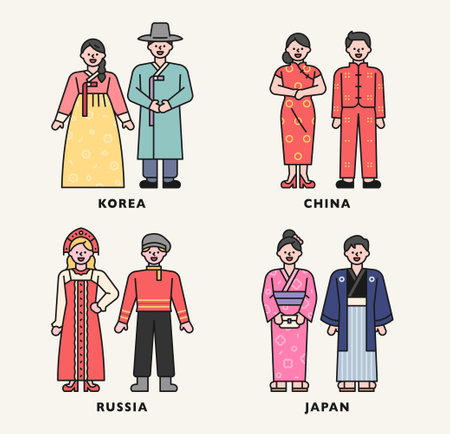 world traditional costume character. A couple of men and women stand in traditional Korea, China, Russia and Japan costumes.のイラスト素材