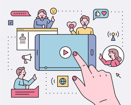 Social network concept illustration. There is a touching hand on a large mobile screen and a follower icon around it.のイラスト素材