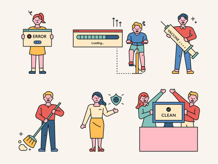 Computer environment management. Characters that guide the tasks necessary for a clean computer environment.のイラスト素材