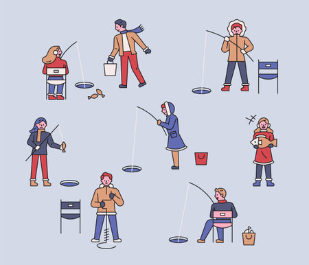 people enjoy winter fishing. Many people are fishing by drilling holes in the ice. Pattern composition.のイラスト素材