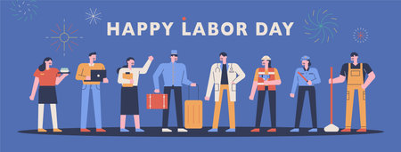 Happy labor day. People of various occupations stand in uniforms.のイラスト素材