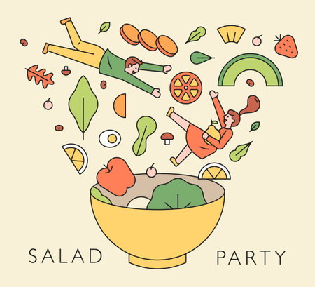 Food concept illustration. A man and a woman are falling with vegetables into a large bowl.のイラスト素材