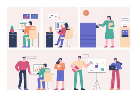 Business people are working in the office. People sitting at desks in multiple rooms and people working in teamwork.のイラスト素材