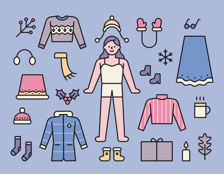 Girl's winter closet. The default girl character is standing, and winter fashion icons are organized around it.のイラスト素材
