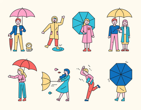 rainy day people. Diverse people standing with umbrellas and raincoats.のイラスト素材