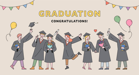 Graduation ceremony poster. Students in graduation gowns stand in a row and enjoy.のイラスト素材