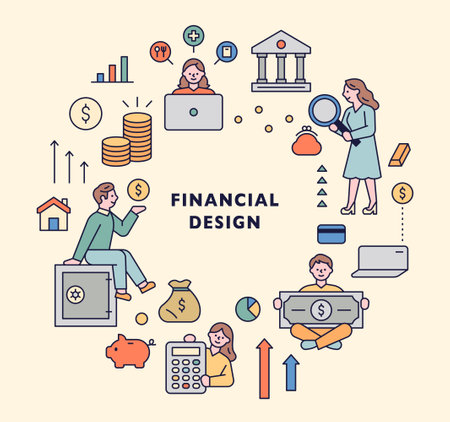 Financial icon set. Bank and money people icons are arranged in a circle.のイラスト素材