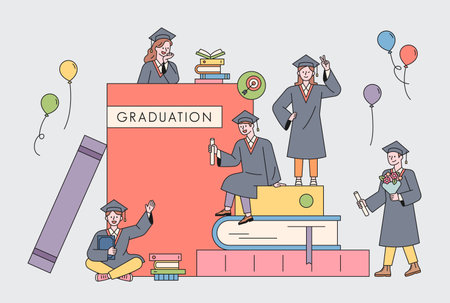 Education concept poster. Students in graduation gowns are around a huge book.のイラスト素材