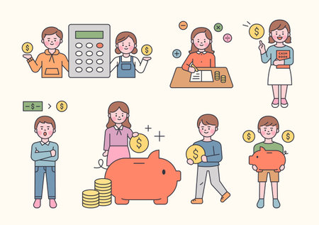 Savings, finance character set. There are cute kids with financial icons.のイラスト素材
