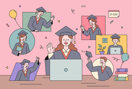 Non-face-to-face graduation ceremony. A graduate is sitting in front of a computer and greeting another graduate in a pop-up window.のイラスト素材