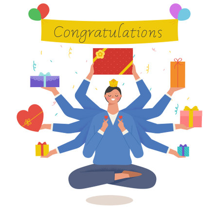 Giveaway event concept. A man with many hands, like the Bodhisattva in India, is holding a gift in his hand and is cross-leggedのイラスト素材
