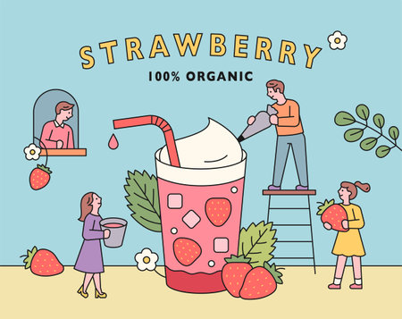 Strawberry juice poster. People are making huge strawberry juice.のイラスト素材