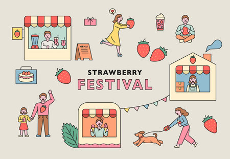 Strawberry festival poster. Many shops and guests of the Strawberry Festival.のイラスト素材