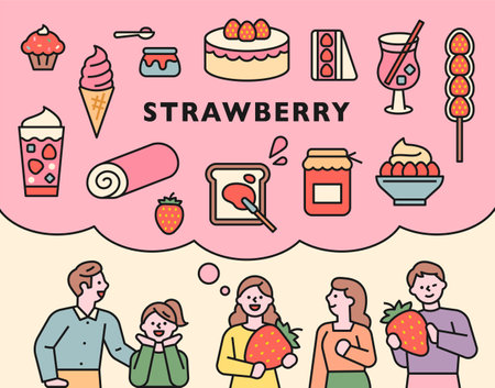 Foods made with strawberries. People are thinking of a variety of strawberry menus with large strawberries.のイラスト素材